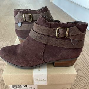 Brown suede Clark booties